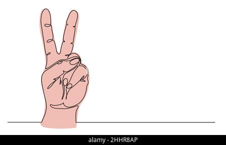 Frieden, Sieg, V-Hand-Geste mit zwei Fingern. Eine fortlaufende Linienkunst Zeichnung Vektor Illustration des Friedenszeichens Stock Vektor