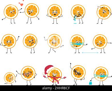 Orangefarbener Charakter mit glücklichen oder traurigen Emotionen, Panik, liebevollem oder tapferem Gesicht, Händen und Beinen. Fröhlicher Fruchtmensch, Mandarine mit Maske, Brille oder Hut. Vektorgrafik flach Stock Vektor