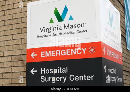 Seattle - 22. Januar 2022; Schild für Virginia Mason Hospital und Notanweisungen auf First Hill in Seattle Stockfoto