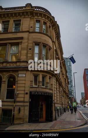 Hawksmoor Steakhouse Gebäude in Deansgate, Manchester, erbaut in einem sandigen, gelben Stein, mit beeindruckenden architektonischen Details. Stockfoto