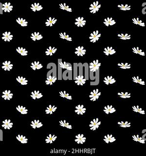 Nahtloses Muster mit Kosmos Blume Vektor Illustration isoliert auf schwarzem Hintergrund. Umriss handgezeichnete farbige Version. Blumenvektor für Kinder Stock Vektor