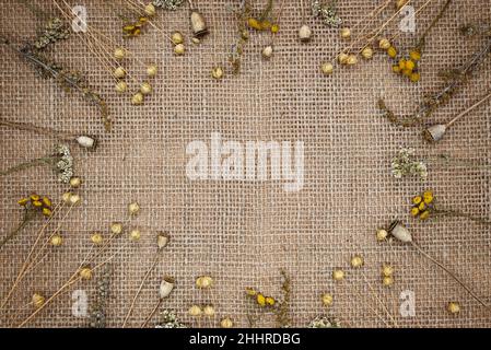 Hintergrund aus natürlichen Materialien. Rahmen aus getrockneten Blumen auf Sackleinen Nahaufnahme. Flat Lay, Draufsicht, Kopierraum, Öko-Konzept. Stockfoto