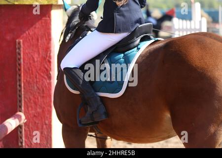 Nahaufnahme eines nicht identifizierten Konkurrenten auf einem Springpferd. Equitation Event im Sommer. Springpferd unter dem Sattel in Aktion. Unbekannte dre Stockfoto