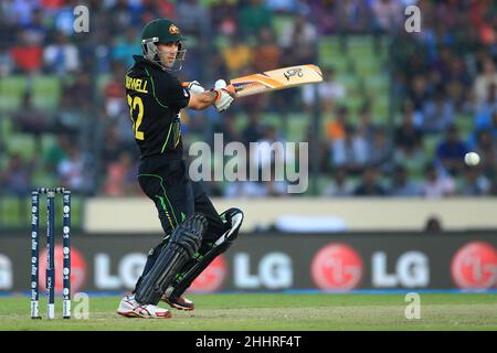 Dhaka, Bangladesch. 23rd März 2014. Australien Cricket-Spieler, Glenn Maxwell in Aktion gesehen während des Spiels 16th, Gruppe 2 ICC (International Cricket Council) Cricket World Cup T20 2014, zwischen Pakistan gegen Australien im Sher-e-Bangla National Stadium, Mirpur.Pakistan gewann mit 16 Runs. (Foto von MD Manik/SOPA Images/Sipa USA) Quelle: SIPA USA/Alamy Live News Stockfoto