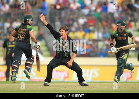 Dhaka, Bangladesch. 23rd März 2014. Australien Cricket-Spieler, Brad Hogg in Aktion gesehen während des Spiels 16th, Gruppe 2 ICC (International Cricket Council) Cricket World Cup T20 2014, zwischen Pakistan und Australien im Sher-e-Bangla National Stadium, Mirpur.Pakistan gewann mit 16 Runs. (Foto von MD Manik/SOPA Images/Sipa USA) Quelle: SIPA USA/Alamy Live News Stockfoto