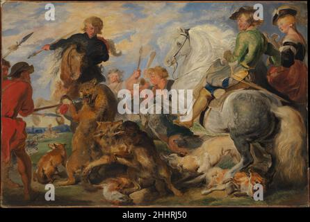 Kopie nach Rubens 'Wolf and Fox Hunt' ca. 1824–26 Sir Edwin Henry Landseer Britisch um 1825, als er sich vorbereitete, sein erstes großes Öl, The Hunting of Chevy Chase (City Museums and Art Gallery, Birmingham, England), aufzunehmen, pilgerte der junge Landseer zum Landhaus von Alexander Baring, 1st Baron Ashburton, Skizzieren des monumentalen flämischen Gemäldes Wolf and Fox Hunt aus dem 17. Jahrhundert von Peter Paul Rubens (jetzt in der Sammlung des Met). Landseer fand Inspiration in dem Motiv, der bravourösen Pinselführung und den funkelnden Lichteffekten des Bildes. Jagdszenen gingen nie aus f Stockfoto