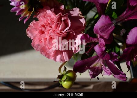 Rosa Blumen in einer Vase, schöne Blumenkarte. Die Schönheit der Blumen. Stockfoto