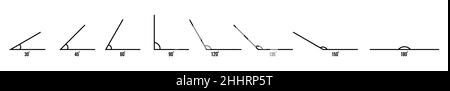 Symbole für die Winkellinie gesetzt. 30, 45, 60, 90, 120, Symbol für 135, 150 und 180 Grad. Vektorgrafik Stock Vektor