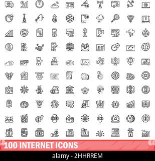 100 Internet-Symbole eingestellt. Skizzieren Sie die Darstellung von 100 Internet-Symbolen, die auf weißem Hintergrund isoliert sind Stock Vektor