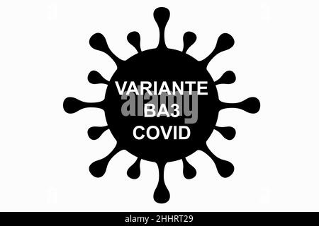 BA3. Neue Variante des Coronavirus SARS-CoV-2. Untervariante von Omicron. Horizontal entwerfen. Virendesign und schwarzer Text. Stockfoto