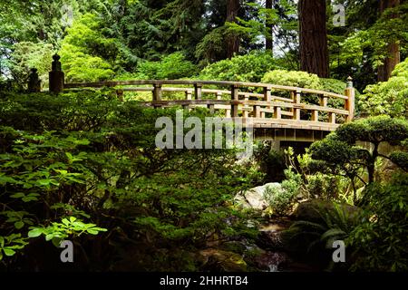 Gartenszene mit reifen Bäumen und gewölbter Holzbrücke über einen Bach in einer wunderschönen grünen Landschaft Stockfoto