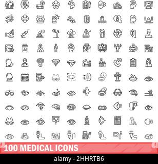 100 medizinische Symbole eingestellt. Skizzieren Sie die Darstellung von 100 medizinischen Symbolen, Vektorset isoliert auf weißem Hintergrund Stock Vektor