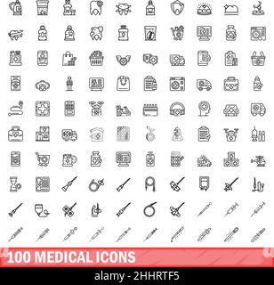 100 medizinische Symbole eingestellt. Skizzieren Sie die Darstellung von 100 medizinischen Symbolen, Vektorset isoliert auf weißem Hintergrund Stock Vektor