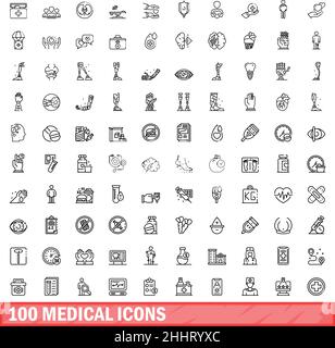 100 medizinische Symbole eingestellt. Skizzieren Sie die Darstellung von 100 medizinischen Symbolen, Vektorset isoliert auf weißem Hintergrund Stock Vektor