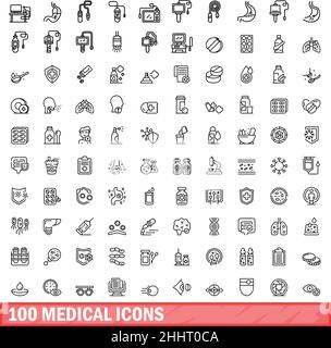 100 medizinische Symbole eingestellt. Skizzieren Sie die Darstellung von 100 medizinischen Symbolen, Vektorset isoliert auf weißem Hintergrund Stock Vektor