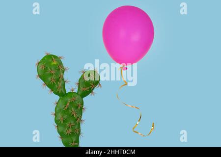 Kaktuspflanze mit darüber schwebendem rosa Ballon auf hellblauem Hintergrund. Kreatives Minimalkonzept. Für Karten-, Poster-, Banner- und Webdesign Stockfoto