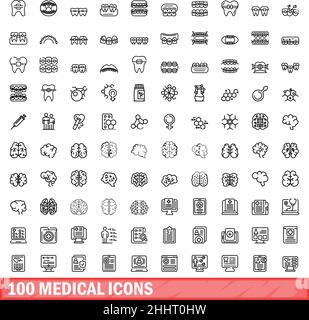 100 medizinische Symbole eingestellt. Skizzieren Sie die Darstellung von 100 medizinischen Symbolen, Vektorset isoliert auf weißem Hintergrund Stock Vektor