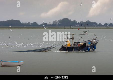 Pêcheur en baie de Somme, bateau de pêche Stockfoto