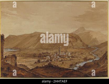 Dorf in einem Alpental n.d. Victor Jean Nicolle Französisch. Dorf in einem Alpental. Victor Jean Nicolle (Französisch, Paris 1754–1826 Paris). Stift und braune Tinte, Pinsel und braune und rotbraune Wäsche, blassblaue Gouache, mit Weiß verstärkt, über Graphit. Zeichnungen Stockfoto