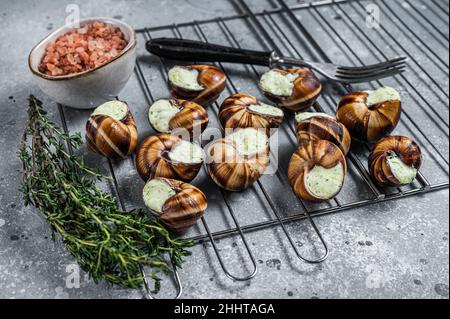 Bourgogne Escargot Schnecken mit Knoblauchbutter auf einem Grill. Grauer Hintergrund. Draufsicht Stockfoto