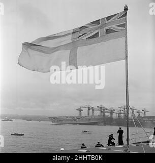 HMS Ark Royal wird am 3rd. Mai 1950 auf der Cammell Laird Werft in Birkenhead, Merseyside, gestartet. Stockfoto