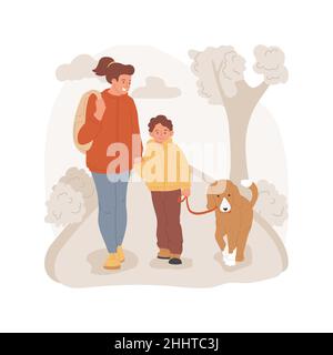 Gehen eines Hundes isoliert Cartoon-Vektor-Illustration. Kind und Eltern, die einen Hund an der Leine laufen, gemeinsam nach draußen gehen, sich um ein Haustier kümmern, tägliche Familienroutine, Cartoon-Vektor für Haustiere. Stock Vektor