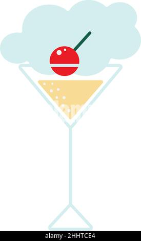 Farbenfrohes Logo mit einem gefüllten Cocktailglas mit Kirschen auf einem Wolkenhintergrund. Umrisszeichnung mit Farbakzenten. Symbol. Vektorgrafik. Stock Vektor