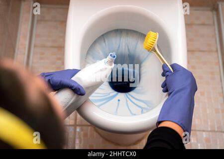 Damenhänden, die eine Toilettenschüssel im Badezimmer reinigen. Eine Frau reinigt die Toilette im Badezimmer mit Waschmittel, einer Bürste und Gummihandschuhen. Reinigung und Stockfoto