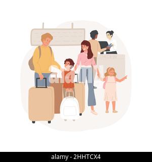 Abbildung mit einzelnen Cartoon-Vektorgrafiken für den Check-in am Flughafen. Familie am Flughafen, in den Urlaub, Eltern und Kinder stehen in einer Schlange für Check-in, viele Koffer, Urlaubsreise Cartoon-Vektor. Stock Vektor