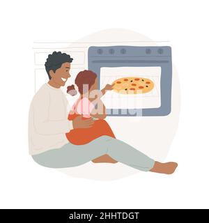 Warten auf Pizza abstrakte Konzept Vektor-Illustration. Kind sitzt neben dem Ofen, Familie backen zusammen, warten auf leckere Pizza, hungriges Kind in der Küche, hausgemachte Lebensmittel abstrakte Metapher. Stock Vektor