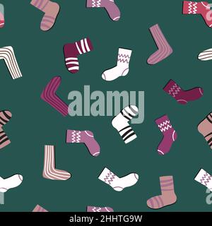 Nahtloses Muster mit modernen bunten Socken. Trendige Accessoires im Doodle-Stil. Verschiedene Baumwollfußtuch. Cartoon Socken für Web und Print, für Stock Vektor