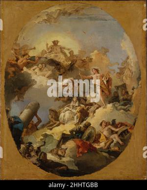 Die Apotheose der spanischen Monarchie 1760s Giovanni Battista Tiepolo der italienische Apollo, mit ausgestreckter rechter Hand, hält ein königliches Zepter und kommt lithisch auf einem Wolkenufer an, in seinem linken Arm seine Leier (er ist der gott der Musik und der Künste). Merkur – der Bote der Götter – fliegt mit einer Krone für die thronende Figur Spaniens mit ihrem Löwen hinein. Fame erklingt seine Trompete, während Jupiter das Verfahren über seinem aufragenden Adler befiehlt. Die Met besitzt zwei ebenso brillante, aber unterschiedliche Ölskizzen für die Decke eines kleinen Raumes neben dem Thronsaal des Palacio Real in Madrid. Der Ap Stockfoto