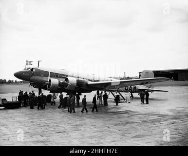 Danish Air Lines' Focke-Wulf FW 200A-0 Condor OY-DAMM Dania, hier in Croydon am 28th. Juli 1938 gesehen, nachdem der Erstflug zwischen Kopenhagen und London abgeschlossen wurde. Der Flug führte Prinz Axel von Dänemark zu einem offiziellen Besuch nach London. Stockfoto