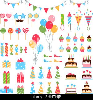 Happy Birthday Farbe flache Elemente Set. Stock Vektor