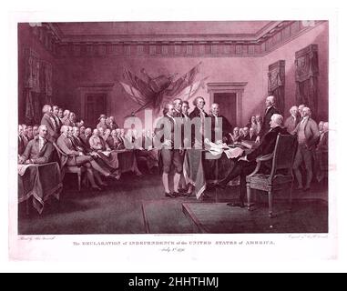 The Declaration of Independence, July 4, 1776 1823 Asher Brown Durand American Diese Gravur gibt Trumbulls berühmtes Gemälde wieder, jetzt in der Yale University Art Gallery, New Haven. Durand wurde von Trumbull beauftragt, die Platte für 3000 Dollar zu gravieren. Obwohl der unten eingravierte Text ein Datum vom 20th. Dezember 1820 anführt, dauerte die Fertigstellung drei Jahre, und es wurde erst Ende 1823 veröffentlicht.Trumbull wählte Durand zum Teil, weil er ein amerikanischer Mitbürger war, Und zum Teil, weil er die Hälfte des Preises berechnet hat, der vom britischen Kupferstecher James Heath zitiert wurde. Am 20. Oktober 1823, Trumbull Stockfoto