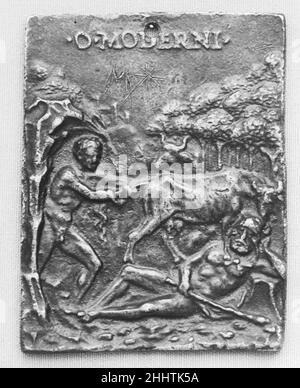 Cacus stiehlt die Ochsen des Herkules 16th Jahrhundert Moderno (Galeazzo Mondella) Italienisch. Cacus stiehlt die Ochsen des Herkules. Moderno (Galeazzo Mondella) (Italienisch, Verona 1467–1528 Verona). Italienisch. 16th Jahrhundert. Bronze. Medaillen und Plaquettes Stockfoto