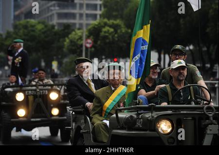 Militärveteranen Parade am Unabhängigkeitstag. Tribut an brasilianische Streitkräfte, die Truppen aus dem Zweiten Weltkrieg zurückzogen, marschierten auf der Straße Stockfoto