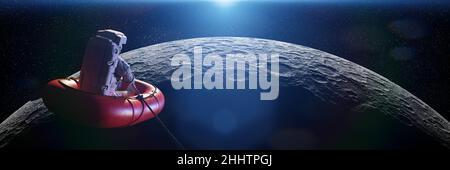 astronaut im Gummiboot im Orbit des Mondes (3D Rendering) Stockfoto