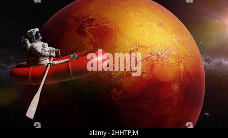 astronaut im Gummiboot in der Umlaufbahn des Planeten Mars (3D Rendering) Stockfoto