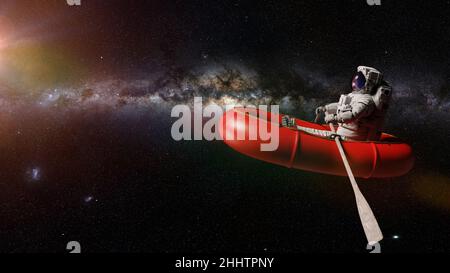 astronaut im Gummiboot, surrealer Weltraumhintergrund (3D Rendering) Stockfoto