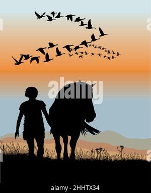 Silhouette einer Frau und eines Pferdes Stock Vektor