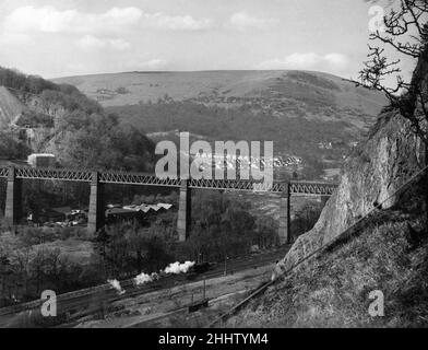 Walnut Tree Viaduct, ein Eisenbahnviadukt oberhalb des südlichen Dorfs von Taffs Well, Cardiff, South Wales, Mittwoch, 16th. März 1955. Aus Ziegelsteinsäulen und Stahlgitterträgern Spannweiten. Unser Bild Zeigt ... Walnussbaum-Viadukt von den Wäldern um Castell Coch aus gesehen, kann man hinter dem Viadukt Gwaelod-y-Garth und den Garth Mountain, der darüber thront, sehen. Stockfoto