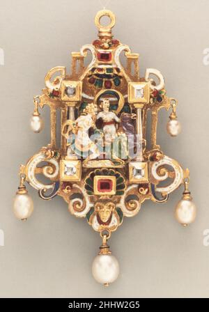 Anhänger im Stil des 16. Jahrhunderts, 19th. Jahrhundert, möglicherweise nach einem Entwurf von Reinhold Vasters German. Anhänger im Stil des 16. Jahrhunderts. Italienisch. 19th Jahrhundert. Gold, Emaille, Diamanten, Rubine, Perlen Stockfoto