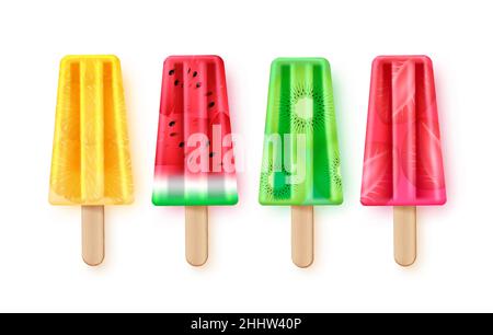 Popsicle Fruits Vektor-Set-Design. Popsicles fruchtige Desserts mit 3D realistischen Wassermelonen-, Kiwi- und Erdbeerfrucht-Stückchen für die Sommersaison Eiscreme. Stock Vektor