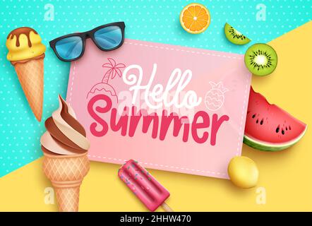 Sommer Gruß Vektor Vorlage Design. Hallo Sommer Text in bunten Muster Hintergrund mit Eis und Früchte Dessert Element für die tropische Saison. Stock Vektor
