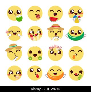 Emoji kawaii Sommer Emoticon Vektor-Set. Chibi emojis in niedlichem Gesichtsausdruck mit Sommerdesserts, Früchten und Objekten für die Emoticons der tropischen Jahreszeit. Stock Vektor