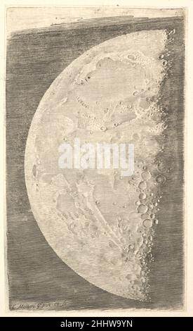 Der Mond im letzten Quartal 1635 Claude Mellan Französisch dieser modern aussehende Stich ist einer von drei bemerkenswerten Drucken von Mellan, die die Mondphasen nach Skizzen darstellen, die er Anfang 1636 in Aix-en-Provence angefertigt hat. Mellan zeichnete, was er durch ein Teleskop beobachtete, eine holländische Erfindung von etwa 1608. Die Stiche wurden von Nicolas-Claude Fabri de Peiresc, einem französischen Humanisten, und Pierre Gassendi, einem Theologen mit leidenschaftlichem Interesse an Astronomie, in Auftrag gegeben. Mellan vollendete die Drucke nach seiner Rückkehr nach Paris im Mai 1637. Peiresc, der im Juni jenes Jahres starb, sah das fertige W nie Stockfoto