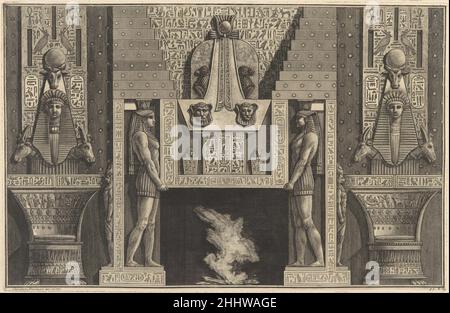 Chimneypiece im ägyptischen Stil: Riesige Figuren, die den Sturz unterstützen, flankiert von Stühlen, von verschiedenen Maniere d'adornare i cammini... (Verschiedene Arten der Verzierung von Schimneystücken...) 1769 Giovanni Battista Piranesi Italienisch. Chimneypiece im ägyptischen Stil: Riesige Figuren, die den Sturz unterstützen, flankiert von Stühlen, von verschiedenen Maniere d'adornare i cammini... (Verschiedene Arten der Verzierung von Schimneystücken...) 407229 Stockfoto