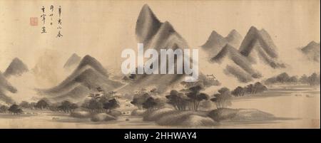Landschaft im Stil von Mi Fu aus den Jahren 1611 und 1612, die dem chinesischen Dong Qichang zugeschrieben wird. Landschaft im Stil von Mi Fu. Wird Dong Qichang zugeschrieben (Chinesisch, 1555–1636). China. Datiert 1611 und 1612. Handscroll; Tinte auf Satin. Ming-Dynastie (1368–1644). Gemälde Stockfoto