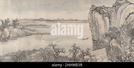 Landschaft im Stil von Juran und Yan Wengui aus dem Jahr 1713 Wang Hui Chinese im Alter von achtzig Jahren fand Wang Hui weiterhin Inspiration für seine Gemälde im Stil der Alten. Auf einem Albumblatt im National Palace Museum, Taipei, datiert 1713, schrieb er, dass seine sechzig Jahre des Studiums und der Nachahmung alter Meister wie ein einziger Tag vergangen waren. Im Herbst desselben Jahres malte er diese Handrolle, die die unterschiedlichen Stile von Juran (Akt. Ca. 960–95), evoziert durch lange, weiche Pinsellinien, die den Hängen Textur und Kontur verleihen, und von Yan Wengui (Akt. Ca. 970–1030), vorschlagen Stockfoto